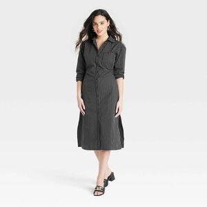 a new day Black white Pinstripe Long Sleeve cotton midi Dress XS pockets